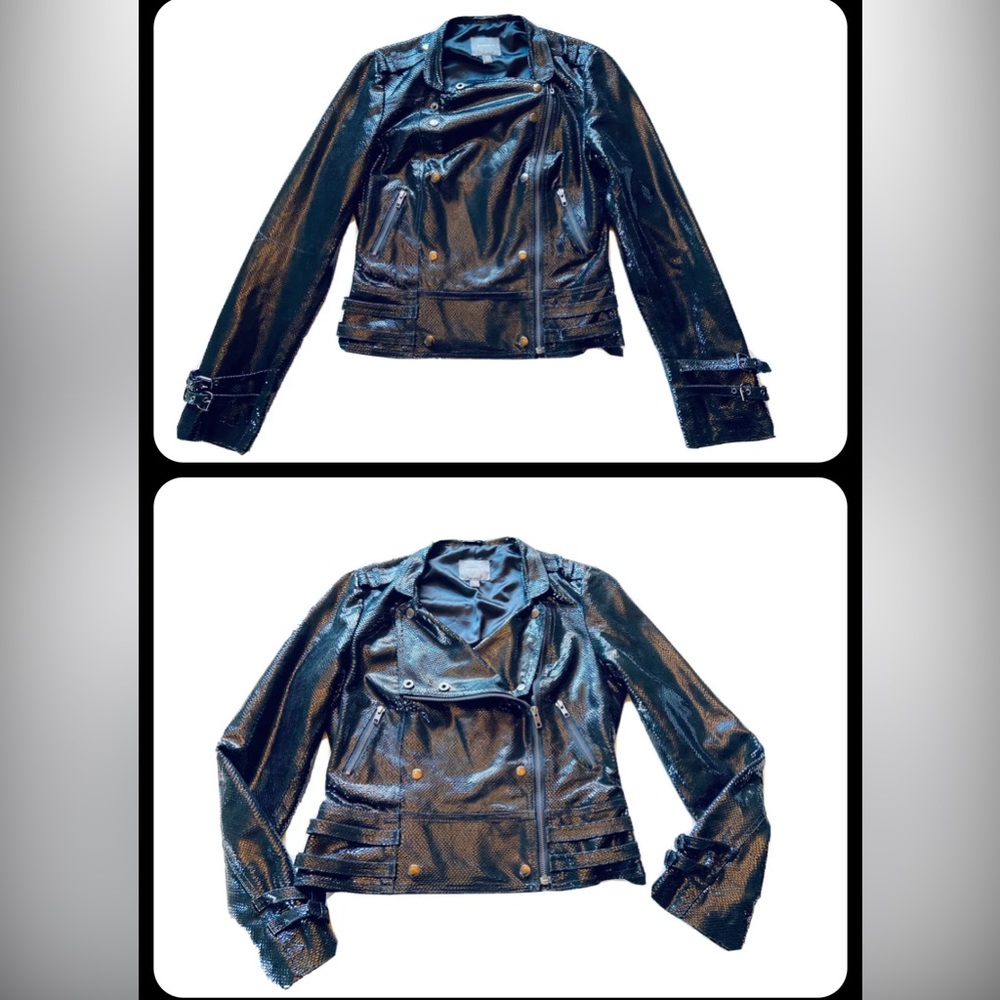 Kenna-T Black Embossed Leather  Biker Moto Jacket Buckles Multiple Looks Medium